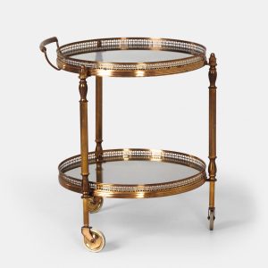 Ronde Franse bar trolley in messing, ca. 1955–1965 met twee glazen etages